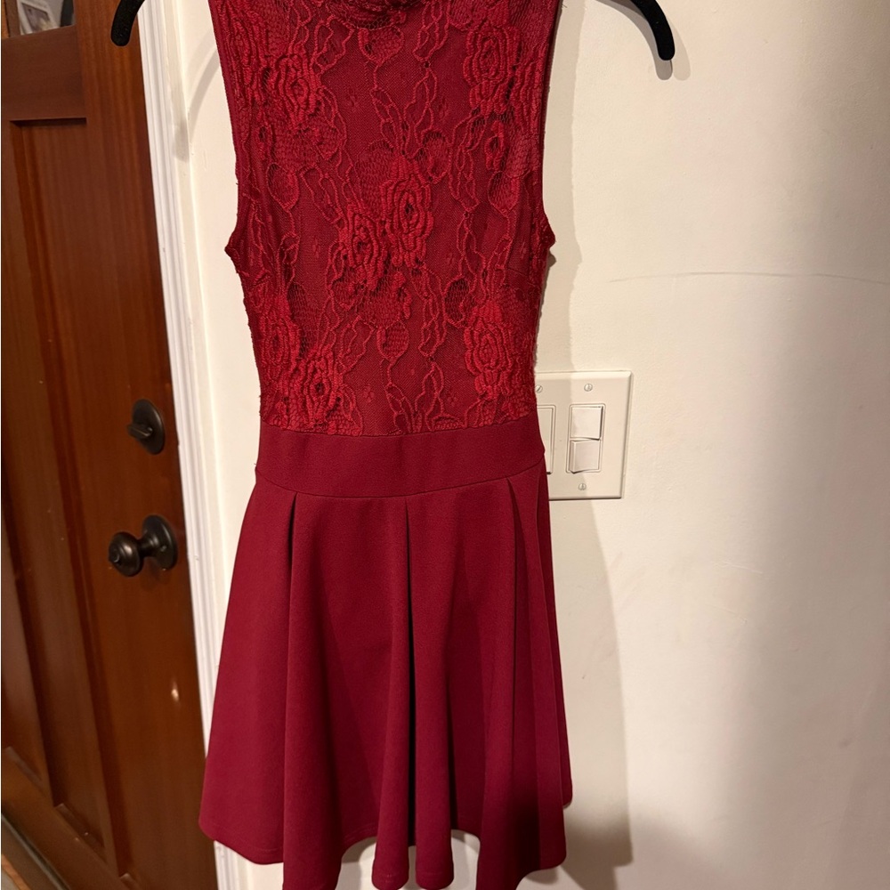 Mind Code Sleeveless Lace Fit-and-Flare Dress in Burgundy